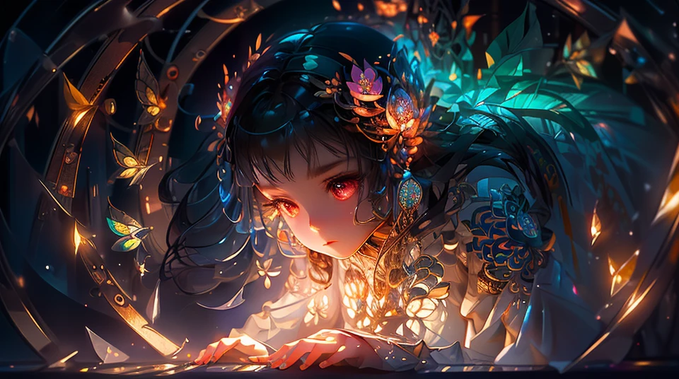 Masterpiece of top quality and best beauty, featuring one enchanting girl (1.2) immersed in the magical world of stained glass art (1.3). The intricately crafted piece showcases colored glass, lead lines, and the brilliant light transmission (1.2). Vibrant colors burst forth, radiating a spiritual ambiance, infused with luminous effects (1.2). The girl's ethereal aura complements the art's intricate designs, transforming the space around her into a mesmerizing and exquisite official art masterpiece.