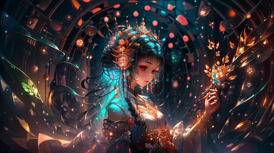 Masterpiece of top quality and best beauty, featuring one enchanting girl (1.2) immersed in the magical world of stained glass art (1.3). The intricately crafted piece showcases colored glass, lead lines, and the brilliant light transmission (1.2). Vibrant colors burst forth, radiating a spiritual ambiance, infused with luminous effects (1.2). The girl's ethereal aura complements the art's intricate designs, transforming the space around her into a mesmerizing and exquisite official art masterpiece.