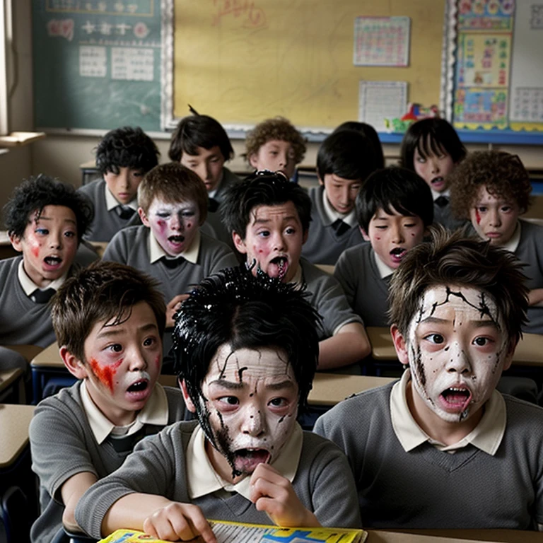 Caught in an explosion in the classroom、Covered in soot、A slapstick comedy about a group of elementary school boys whose hair gets burned.