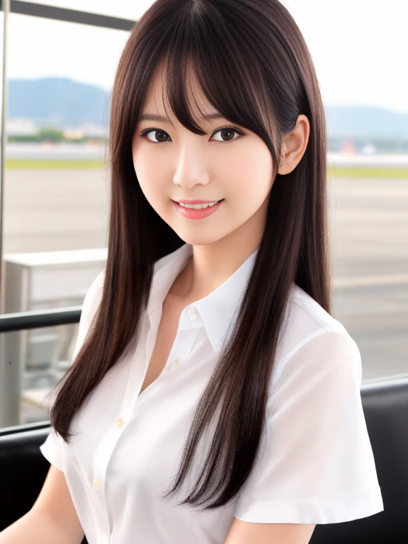 masterpiece、highest quality、High resolution、Tabletop、wallpaper、Realistic、Professional Lighting、Face Light、Smooth lighting、Japanese women、Beautiful woman、Age 25、Beautiful Skin、Beautiful and detailed、Detailed face、short hair、Black Hair、Brown eyes、Looking at the camera、Upper Body Shot, A stylish cafe terrace inside the airport, 1 girl, 若くて美しいJapanese women, Long Hair, Super cute face,Wearing a short-sleeved satin silk white shirt with a collar, Lots of smiles on the airport cafe terrace, Glossy Lips, Double eyelids on both eyes, Natural Makeup, Long eyelashes, shiny smooth black hair、Attention to detail, Detailed hairstyle, Perfect body,Before you leave for your trip abroad