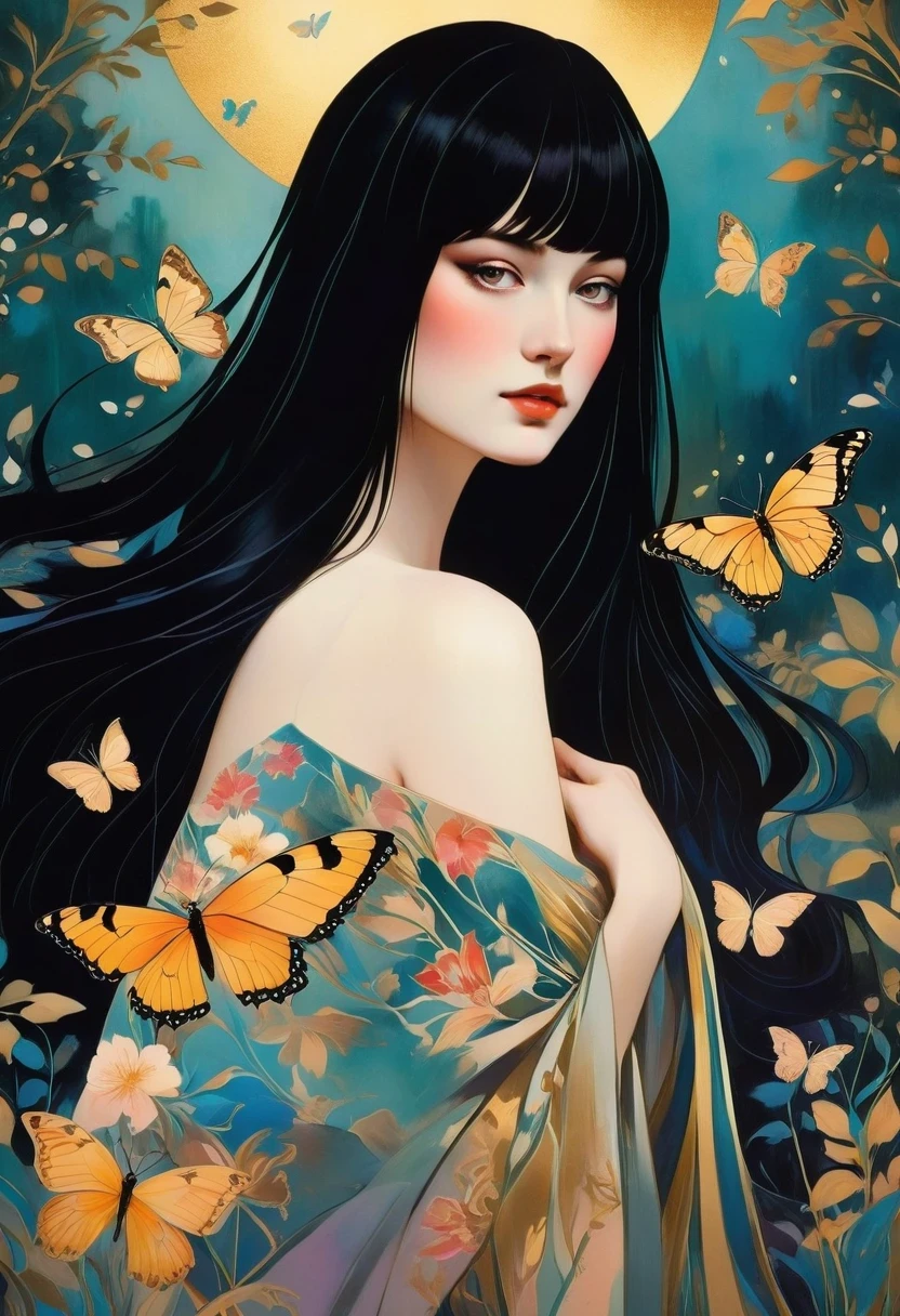 chiaroscuro technique on sensual illustration of an elegant queen (((long hair with bangs:1.4、Beautiful bangs) , vintage ,silky dress, matte painting, by John Singer Sargent, by Harumi Hironaka, abstract background, (upper body:1.5), (highres:1.2,realistic:1.37),Girl in a magical garden, fairytale atmosphere, beautiful detailed eyes, long flowing hair, vibrant flowers, butterflies fluttering around, golden rays of sunlight, soft and dreamy color palette, whimsical lighting, enchanting scenery, fantasy ambiance, surreal elements, ethereal beauty.