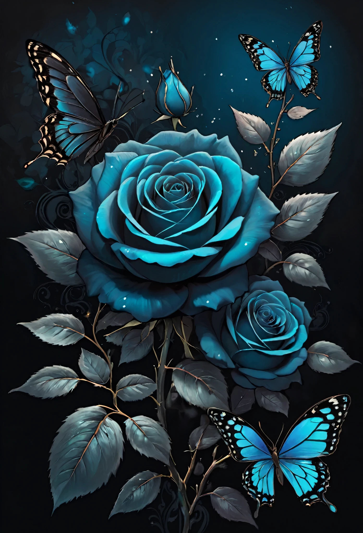 There is a black rose，There is a butterfly on it, Detailed flower, black rose, beautiful digital art, pastel roses, black black, magical flowers, blue and black, Beautiful digital painting, translucent rose gorgeous, black and blue, Beautiful flowers, rose background, Beautiful ornate digital art, Magical colorful flowers, Very beautiful digital art, elegant numbers, beautiful digital art works