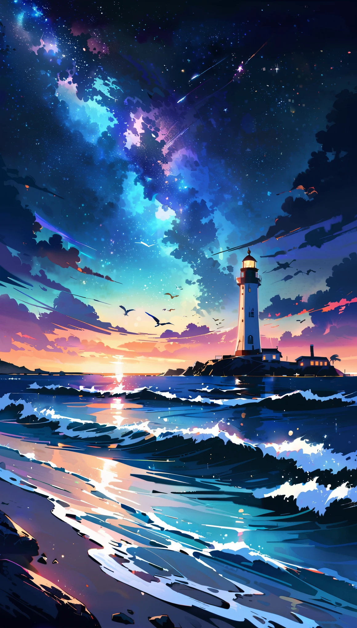 best quality,ultra-detailed,realistic,vivid colors,blue coastline with rocks,calm sea, moonlight,rippling waves,reflection in the water,peaceful atmosphere,tranquil night,serene beauty,glittering stars,shimmering moonlight,starlit sky,gentle breeze,majestic lighthouse,beacon of hope,mesmerizing view,mysterious ambiance,crashing waves,kaleidoscope of colors,dark silhouette,whispering secrets,serenity of the night,sparkling coastline,majestic beauty,darkness and tranquility,a mesmerizing night scene,glowing horizon,secluded paradise,abundance of stars,faint sound of seagulls,eternal beauty.