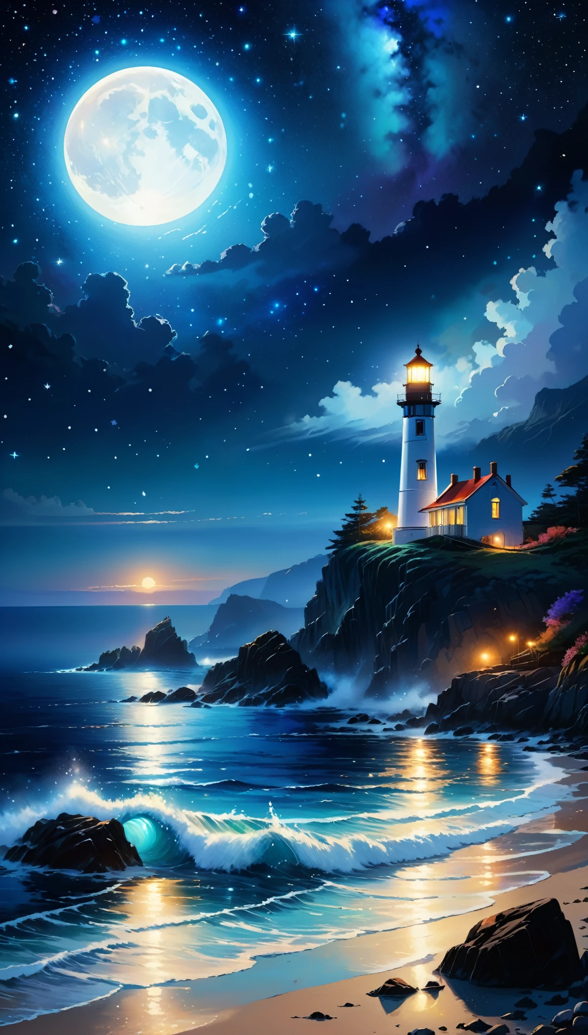 best quality,ultra-detailed,realistic,vivid colors,blue coastline with rocks,calm sea, moonlight,rippling waves,reflection in the water,peaceful atmosphere,tranquil night,serene beauty,glittering stars,shimmering moonlight,starlit sky,gentle breeze,majestic lighthouse,beacon of hope,mesmerizing view,mysterious ambiance,crashing waves,kaleidoscope of colors,dark silhouette,whispering secrets,serenity of the night,sparkling coastline,majestic beauty,darkness and tranquility,a mesmerizing night scene,glowing horizon,secluded paradise,abundance of stars,faint sound of seagulls,eternal beauty.