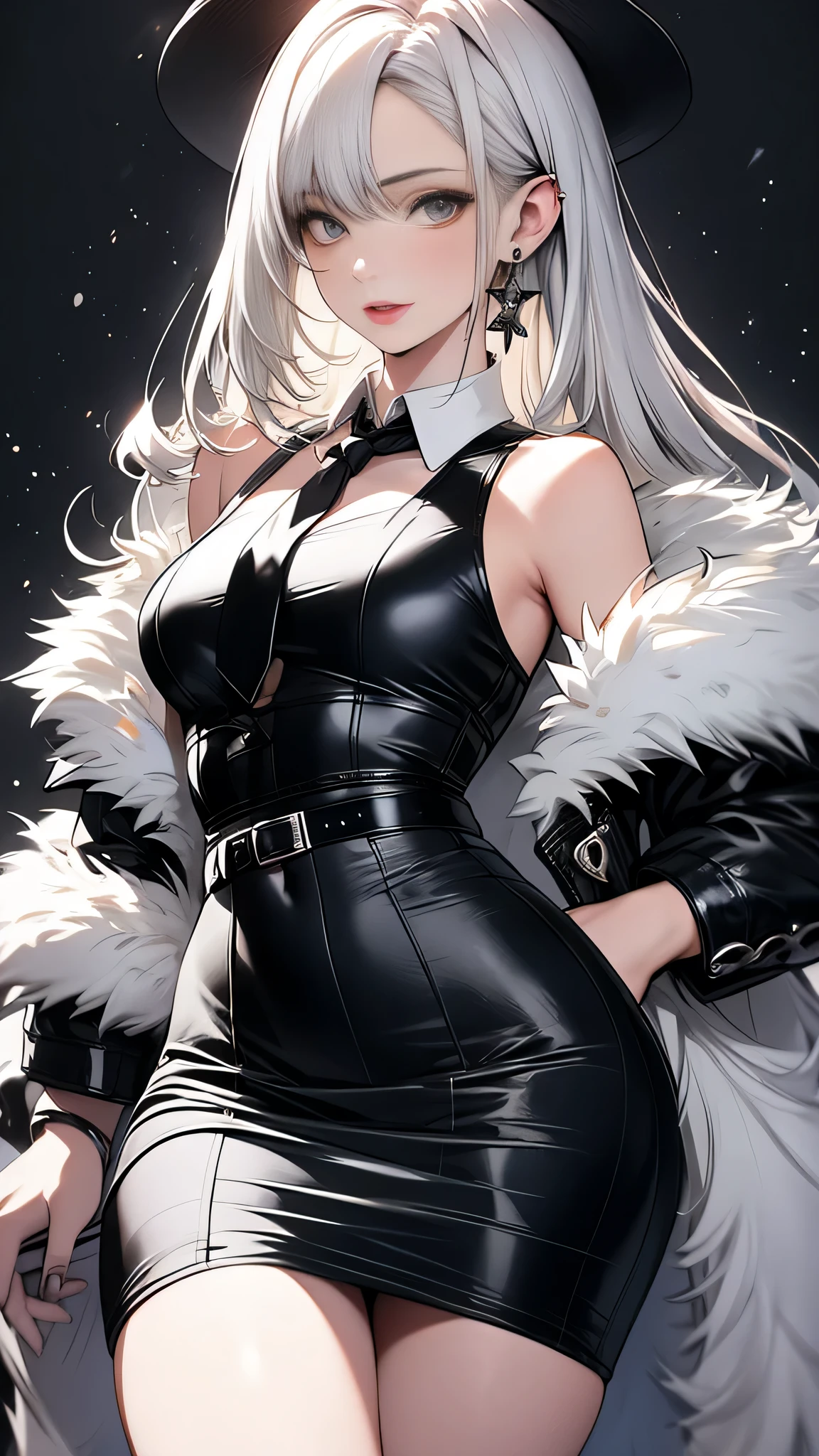 Photorealistic, high resolution, 1 Women, Solo, Hips up,Lolita costume, Beautiful eyes, White hair, ringed eyes, Collared shirt,black necktie,Black skirt, pencil skirts, Fur coat