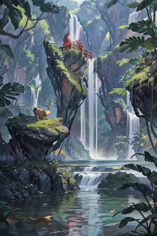 China, spring, jungle, lake, cave, Fall, Tree, grassland, rock, deer, hot spring, water vapor, (illustration: 1.0), Epic creation, Realistic lighting, High-resolution details, masterpiece, best quality, (Highly detailed CG Unity 8k wallpaper)