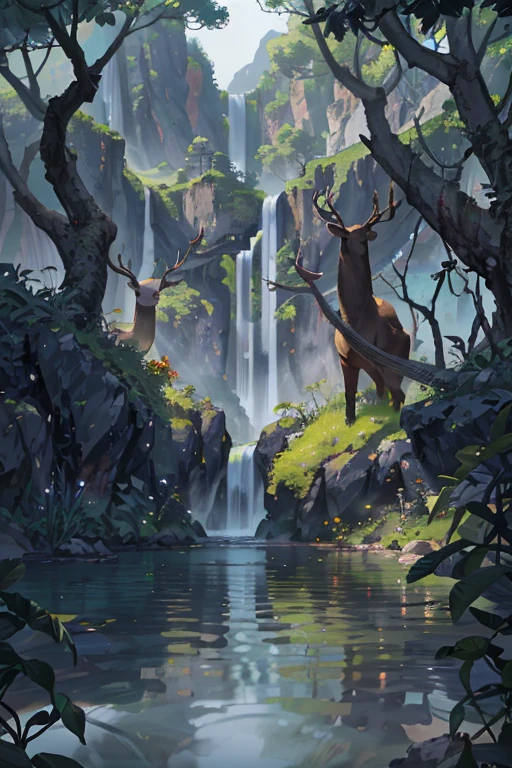 China, spring, jungle, lake, cave, Fall, Tree, grassland, rock, deer, hot spring, water vapor, (illustration: 1.0), Epic creation, Realistic lighting, High-resolution details, masterpiece, best quality, (Highly detailed CG Unity 8k wallpaper)