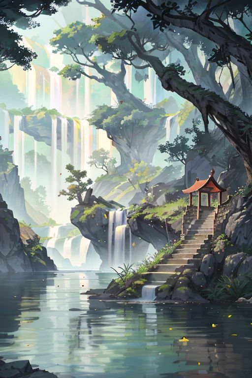 China, spring, jungle, lake, cave, Fall, Tree, grassland, rock, deer, hot spring, water vapor, (illustration: 1.0), Epic creation, Realistic lighting, High-resolution details, masterpiece, best quality, (Highly detailed CG Unity 8k wallpaper)