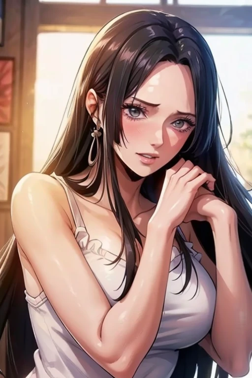 (((masterpiece))), (((best quality))), ((ultra-detailed)), (highly detailed CG illustration), Boa Hancock, (masterpiece:1.5), Detailed Photo, Sexy, (Best Quality: 1.4), (1girl), Beautiful Face, (Black Hair, long Hair: 1.3), Beautiful Hairstyle, beautiful detail eyes, (realistic skin), beautiful skin, absurd, attractive, ultra high resolution, high definition, (sexually aroused:1.5), Pinkish white skin, cool white light, sexy pose, Beautiful , white background, pink soft white light, Wear a white tank top, 