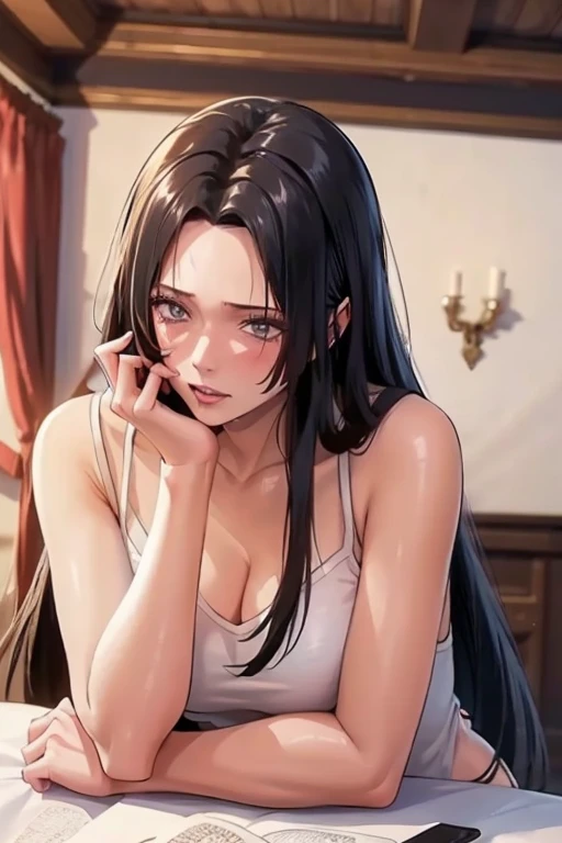 (((masterpiece))), (((best quality))), ((ultra-detailed)), (highly detailed CG illustration), Boa Hancock, (masterpiece:1.5), Detailed Photo, Sexy, (Best Quality: 1.4), (1girl), Beautiful Face, (Black Hair, long Hair: 1.3), Beautiful Hairstyle, beautiful detail eyes, (realistic skin), beautiful skin, absurd, attractive, ultra high resolution, high definition, (sexually aroused:1.5), Pinkish white skin, cool white light, sexy pose, Beautiful , white background, pink soft white light, Wear a white tank top, 