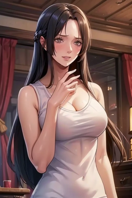 (((masterpiece))), (((best quality))), ((ultra-detailed)), (highly detailed CG illustration), Boa Hancock, (masterpiece:1.5), Detailed Photo, Sexy, (Best Quality: 1.4), (1girl), Beautiful Face, (Black Hair, long Hair: 1.3), Beautiful Hairstyle, beautiful detail eyes, (realistic skin), beautiful skin, absurd, attractive, ultra high resolution, high definition, (sexually aroused:1.5), Pinkish white skin, cool white light, sexy pose, Beautiful , white background, pink soft white light, Wear a white tank top, 