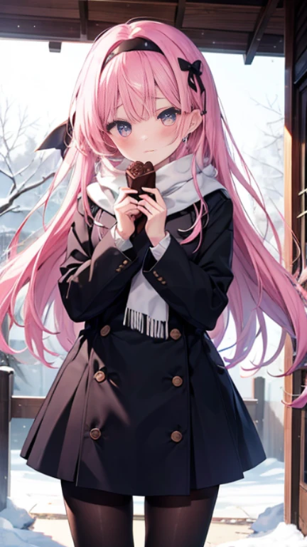、、Shyness、blush、Embarrassing、blush、、、skirt、snow原、、snow、cold、scarf、scarfを巻く、降snow高解像度、Full HD、8K quality、、、Droopy eyes、、、Eye highlights、Bright Eyes、Clear Eyes、Beautiful Eyes、avert your eyes、Embarrassing、blush、、Eye highlights、、、Eye highlights、信じられないほどBeautiful Eyes、Black tights with pink lines、、、Valentine's Day、chocolate、両手で心臓型のchocolate持つ、、Confession、Pink Hair、Let your hair down、Straight hair、Long Hair、Black headband