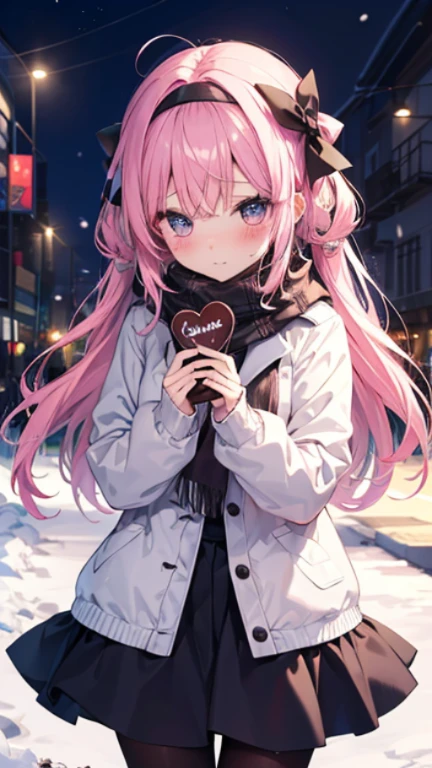 、、Shyness、blush、Embarrassing、blush、、、skirt、snow原、、snow、cold、scarf、scarfを巻く、降snow高解像度、Full HD、8K quality、、、Droopy eyes、、、Eye highlights、Bright Eyes、Clear Eyes、Beautiful Eyes、avert your eyes、Embarrassing、blush、、Eye highlights、、、Eye highlights、信じられないほどBeautiful Eyes、Black tights with pink lines、、、Valentine's Day、chocolate、両手で心臓型のchocolate持つ、、Confession、Pink Hair、Let your hair down、Straight hair、Long Hair、Black headband