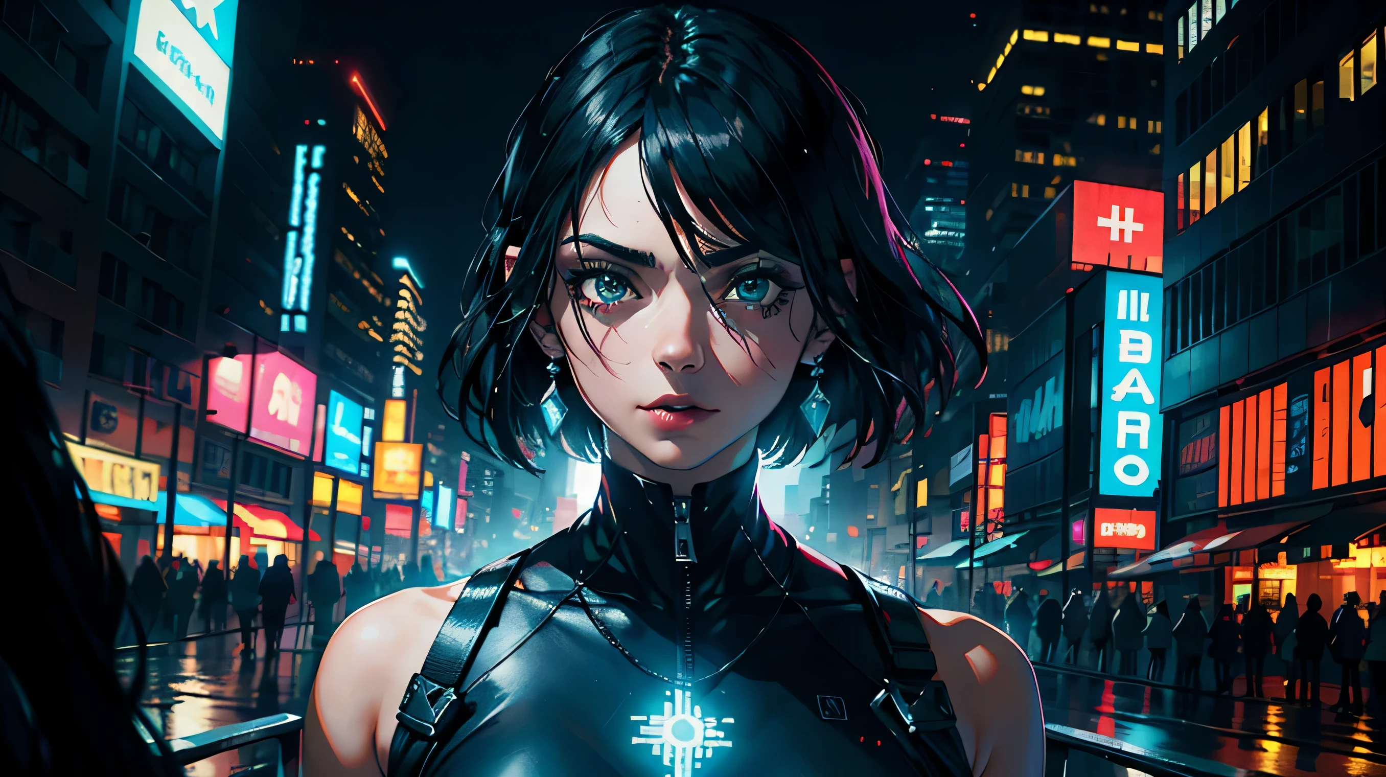 Photo of a 25-year-old girl, RAW, mujer hermosa, (cabello negro corto), ((retrato)), ((cara detallada: 1.2)), ((rasgos faciales detallados)), (piel finamente detallada),  (vestido de acero cyberpunk de escote profundo y alto detallado), entorno de megaciudad cyberpunk, (cold colors), humid, humid, reflejos, (Cuerpo completo), (obra maestra) (perfect ratio)(foto realista) (mejor calidad) (detallado) fotografiado con una Canon EOS R5,  Lente de 50 mm, F / 2.8, HDR, (8k) (papel tapiz) (cinematography lighting) (dramatic illumination) (sharp focus) (intrincado)