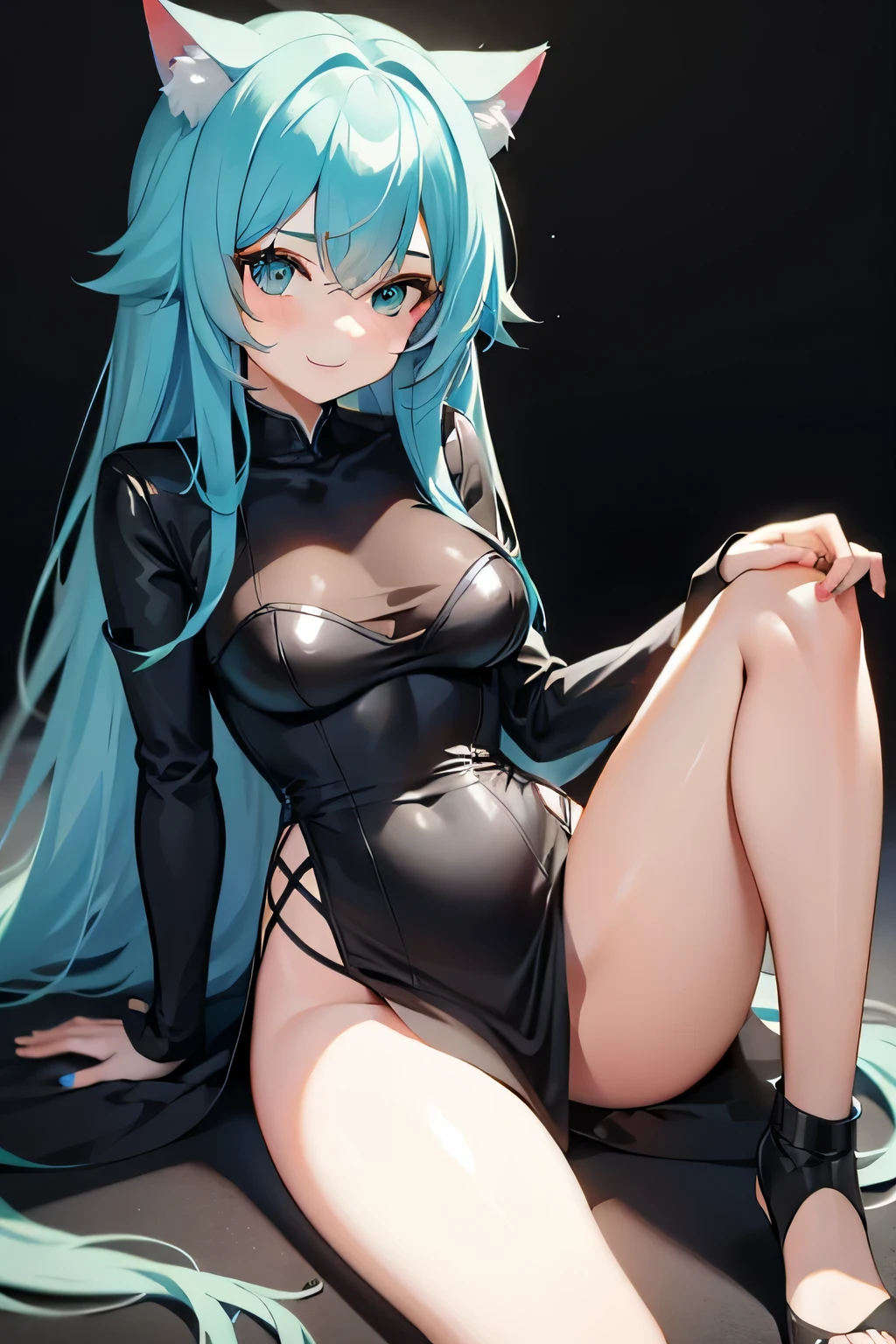 young girl, long turquoise hair, turquoise eyes, cat ears, Smile, black chinese tight top, Upskirt, Masterpiece, hiquality