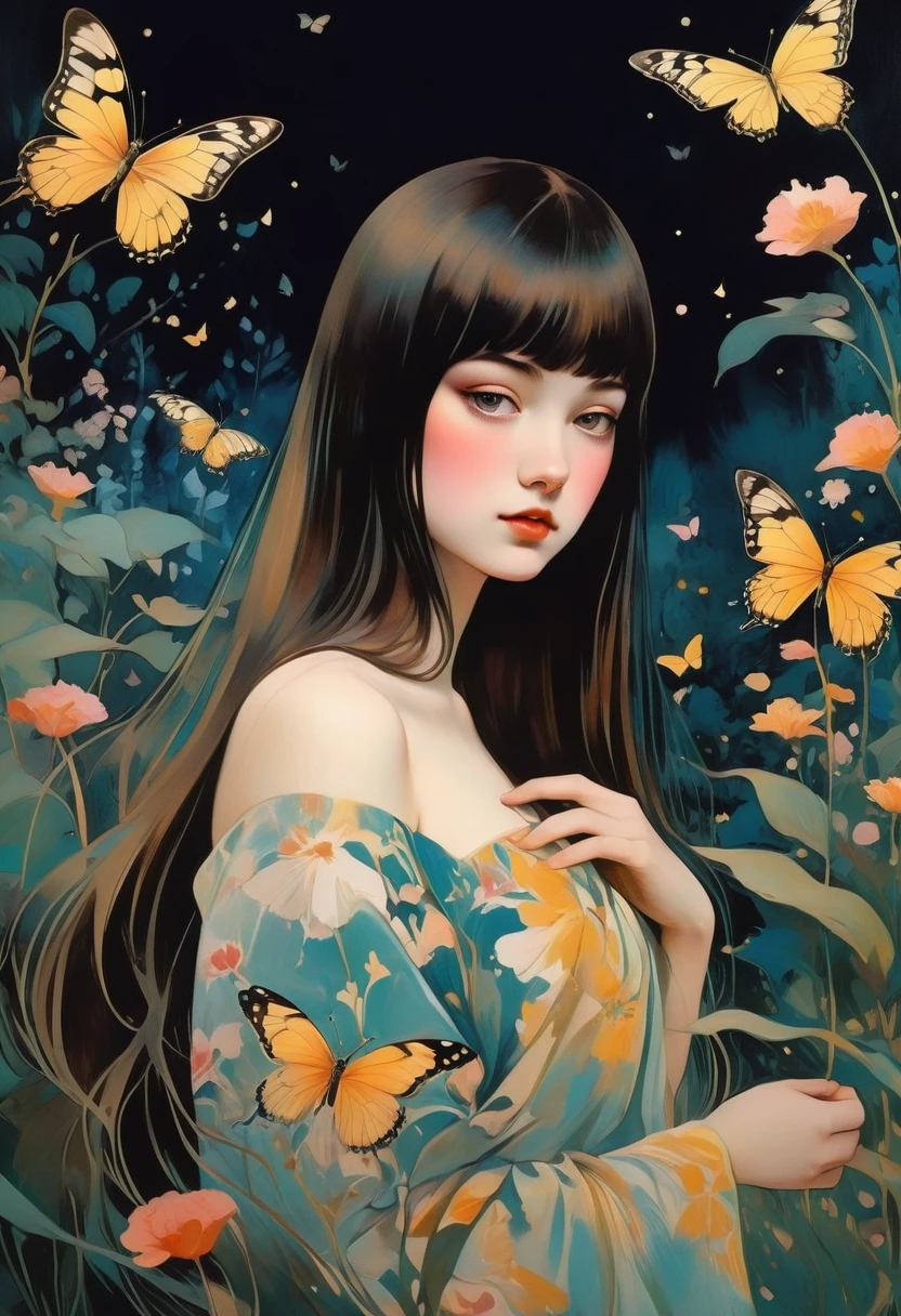 chiaroscuro technique on sensual illustration of an baby girl (((long hair with bangs:1.4、Beautiful bangs) , vintage ,silky dress, matte painting, by John Singer Sargent, by Harumi Hironaka, abstract background, (upper body:1.5), (highres:1.2,realistic:1.37),Girl in a magical garden, fairytale atmosphere, beautiful detailed eyes, long flowing hair, vibrant flowers, butterflies fluttering around, golden rays of sunlight, soft and dreamy color palette, whimsical lighting, enchanting scenery, fantasy ambiance, surreal elements, ethereal beauty.