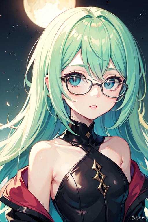 un primer plano de una persona con pelo largo y gafas, Moe anime art style, estilo anime 2d, chica anime, (chica anime), chica anime with teal hair, portrait, short hair, an chica anime, nocturno, high quality anime art style, ojos celestes , cabello largo hasta las rodillas negro con puntas celestes, cenos grandes, small waist, caderas grandes.