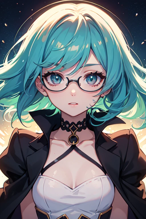 un primer plano de una persona con pelo largo y gafas, Moe anime art style, estilo anime 2d, chica anime, (chica anime), chica anime with teal hair, portrait, short hair, an chica anime, nocturno, high quality anime art style, ojos celestes , cabello largo hasta las rodillas negro con puntas celestes, cenos grandes, small waist, caderas grandes.
