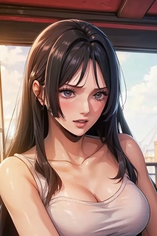 (((masterpiece))), (((best quality))), ((ultra-detailed)), (highly detailed CG illustration), Boa Hancock, (masterpiece:1.5), Detailed Photo, Sexy, (Best Quality: 1.4), (1girl), Beautiful Face, (Black Hair, long Hair: 1.3), Beautiful Hairstyle, beautiful detail eyes, (realistic skin), beautiful skin, absurd, attractive, ultra high resolution, high definition, (sexually aroused:1.5), Pinkish white skin, cool white light, sexy pose, Beautiful , white background, pink soft white light, Wear a white tank top, 