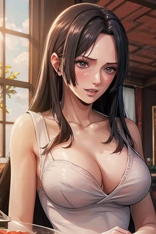 (((masterpiece))), (((best quality))), ((ultra-detailed)), (highly detailed CG illustration), Boa Hancock, (masterpiece:1.5), Detailed Photo, Sexy, (Best Quality: 1.4), (1girl), Beautiful Face, (Black Hair, long Hair: 1.3), Beautiful Hairstyle, beautiful detail eyes, (realistic skin), beautiful skin, absurd, attractive, ultra high resolution, high definition, (sexually aroused:1.5), Pinkish white skin, cool white light, sexy pose, Beautiful , white background, pink soft white light, Wear a white tank top, 