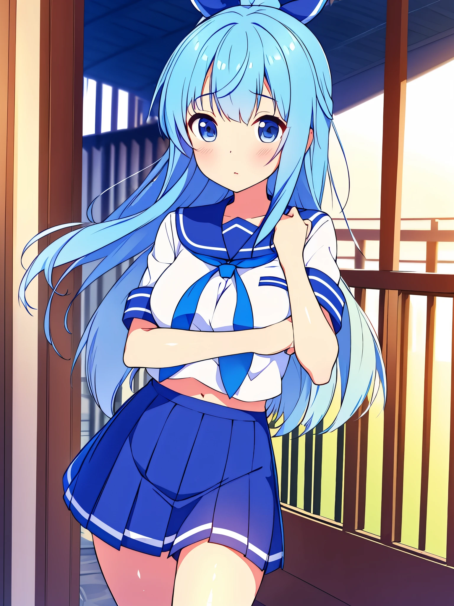 una chica con falda corta y camisa azul se encuentra frente a un poste de luz, maAlso kitagawa fanart, hermosa chica de secundaria anime, kantai collection style, seifuku, (chica anime), , portada de novela ligera, anime visual de una linda chica, portada de anime, beautiful alluAlsog anime , Also, estilo anime como el destino/Estancia de noche