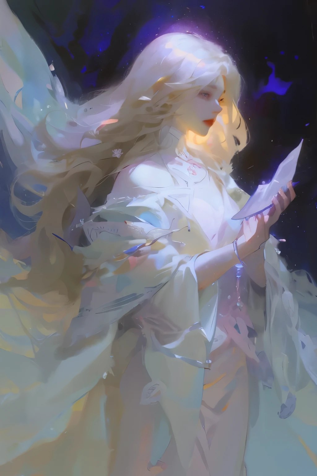 There was a woman in a white dress holding a music box, Artwork in the style of Guweiz, guweiz on pixiv artstation, guweiz on artstation pixiv, guweiz, Fantasy art style, guweiz masterpiece, Beautiful and elegant queen, Beautiful character painting, Detailed digital animation art, Blonde Princess, white hair, Sky blue eyes, Pink lips