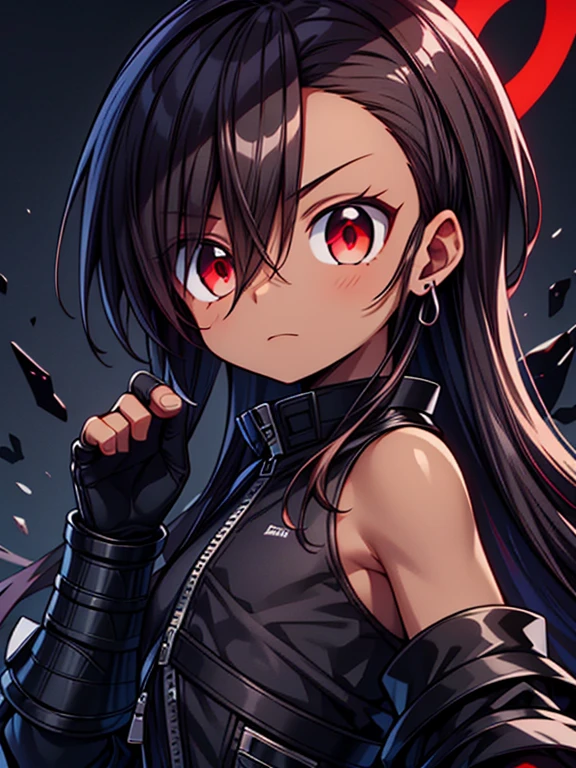 Masterpiece High res, high definition, (((dark skin tone))),dark skin male, dark skin, cute shota,red eyes, dark brown hair, medium dark brown hair,wearing a black exoskeleton, detached sleeves, black armoured Gauntlets, black tech jacket, black bodysuit,black exoskeleton, black fingerless gloves, blue gems, close up
