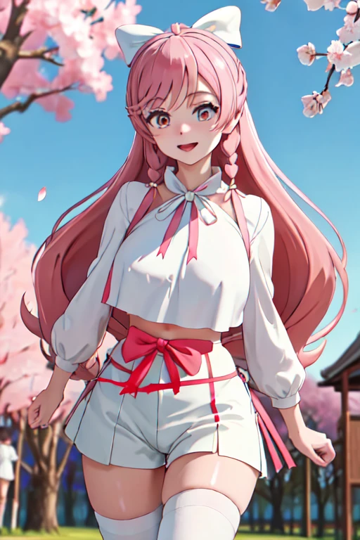 masterpiece, best quality, highres, hairband, long hair, 1girl, solo, white thighhighs,red ribbon, neck ribbon, white shirt,hot pants, big breasts, standing, cowboy shot, leaning forward, outdoors, cherry blossoms,Belly button
