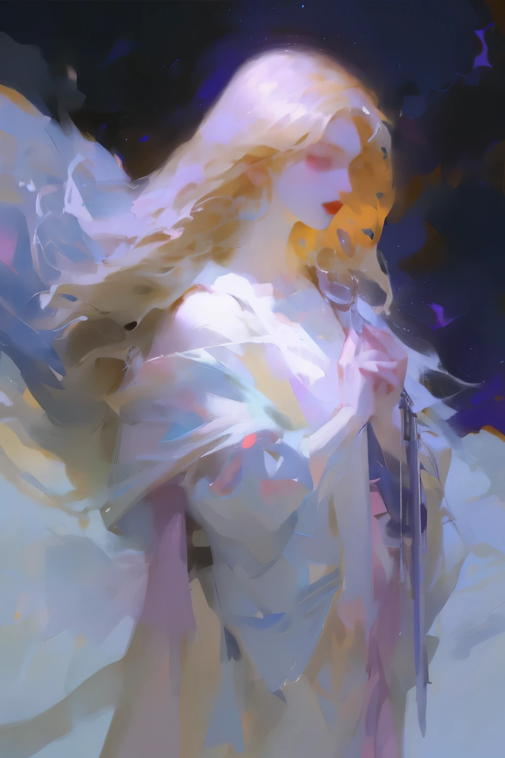 There was a woman in a white dress holding a music box, Artwork in the style of Guweiz, Guweiz on Pixiv ArtStation, Guweiz on Artstation Pixiv, guweiz, Fantasy art style, guweiz masterpiece, Beautiful and elegant queen, Beautiful character painting, Detailed digital anime art, Blonde Princess, white hair, Sky blue eyes, Pink lips