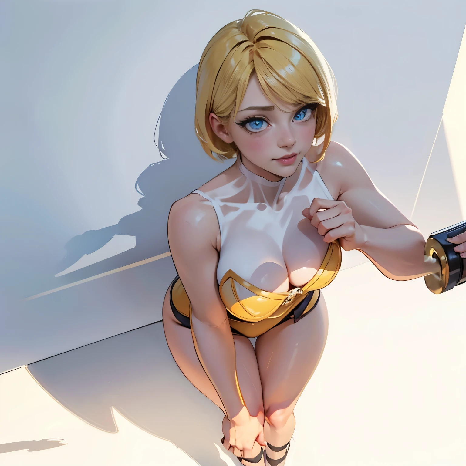 Pikachu, prostitute, best quality: 1.1, 1 girl, (blue eyes), detailed blue eyes, well-aligned eyes, extremely detailed face, blushing cheeks, perfect face symmetry, smiling, embarrassed, (yellow prostitute clothes), BREAK intricate details on hands, intricate details on fingers, (very huge) breasts, blond hair, detailed hair, short hair, defined figure, thick muscular legs, small defined waist, (very much voluptuous body), (very much muscular body), lascivious woman, nymphomaniac woman, dynamic pose, Interacting, (whole body perspective), ((white background scenery with shadows): 1.5)