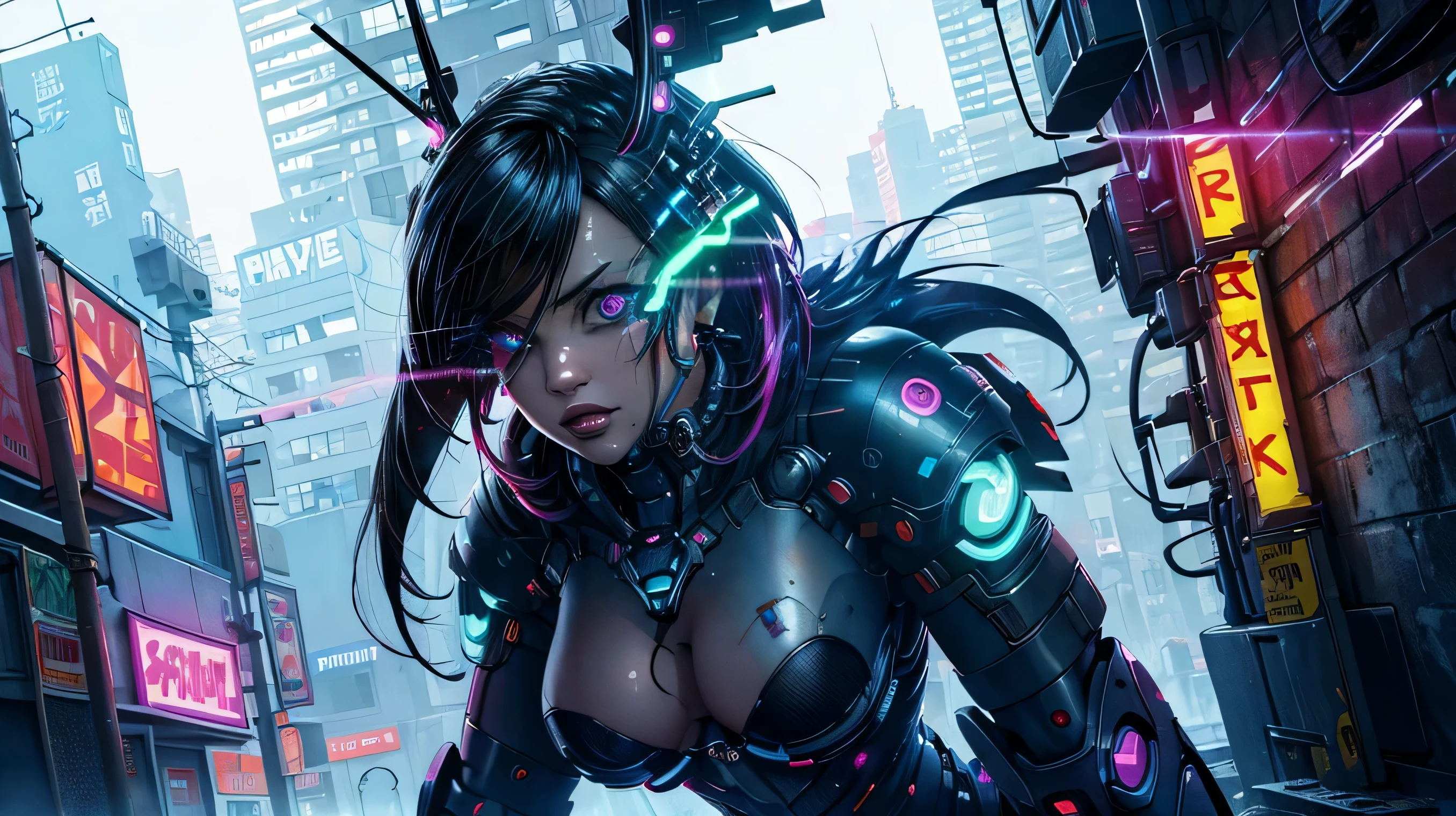 (best quality, masterpiece:1.2), cyberpunk, vulgar, nasty cyborg woman under repair, flaming eye, robots, lovedoll, face, sex shop, neon lights, dystopian cityscape, dark alley, smoke, graffiti, body modifications