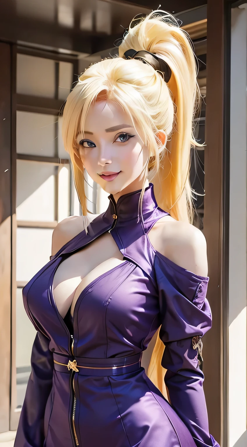 1girl, ino yamanaka in anime naruto, long hair, yellow hair, blue eyes, smile, beautiful, sexy dress, sexy clothes, purple clothes, very big breast, realistic clothes, detail clothes, outdoor background, ultra detail, realistic