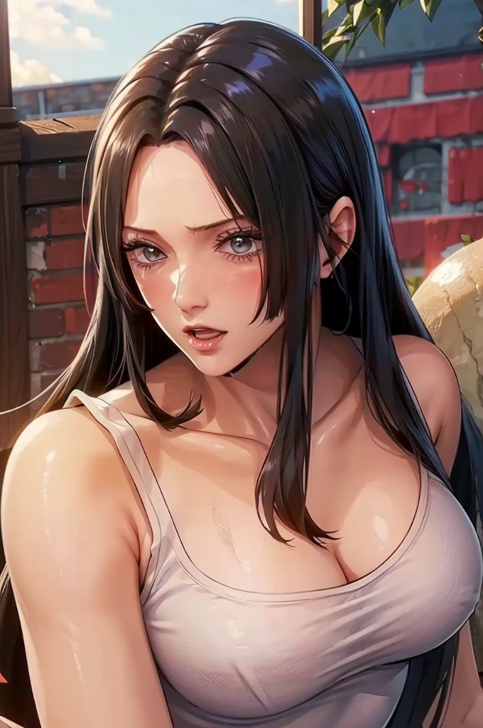 (((masterpiece))), (((best quality))), ((ultra-detailed)), (highly detailed CG illustration), Boa Hancock, (masterpiece:1.5), Detailed Photo, Sexy, (Best Quality: 1.4), (1girl), Beautiful Face, (Black Hair, long Hair: 1.3), Beautiful Hairstyle, beautiful detail eyes, (realistic skin), beautiful skin, absurd, attractive, ultra high resolution, high definition, (sexually aroused:1.5), Pinkish white skin, cool white light, sexy pose, Beautiful , white background, pink soft white light, Wear a white tank top, 