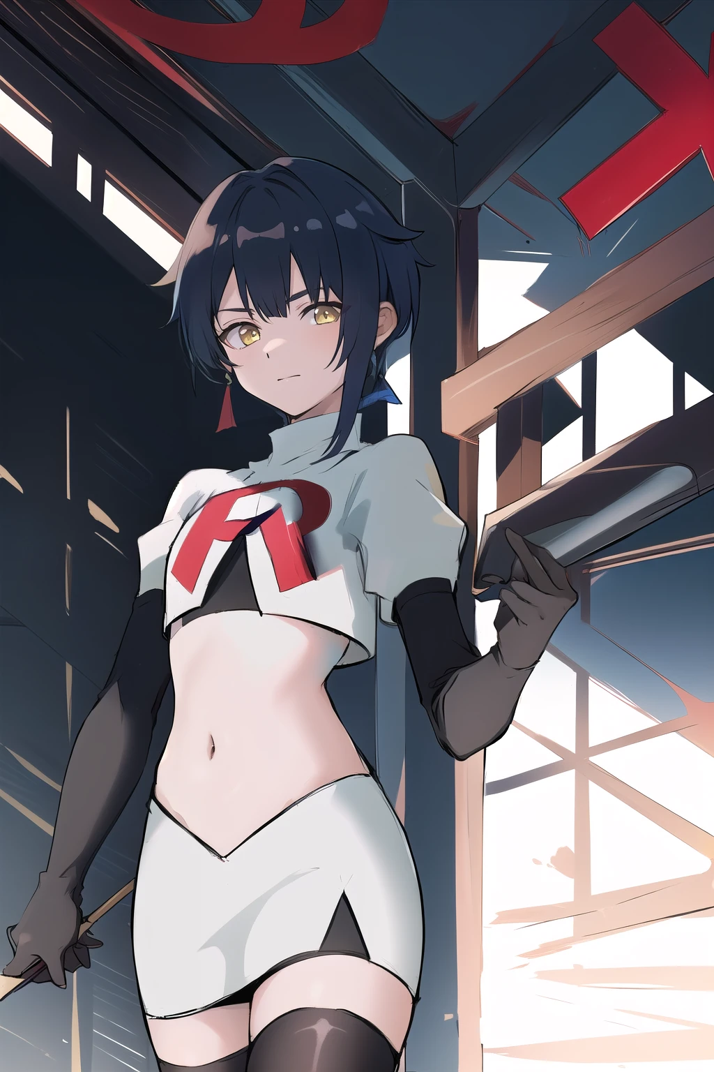 masterpiece, absurdres,genshin impact, Genshin Impact, game character, video game, (xingqiu),yellow eyes, short blue hair,male focus, trap, crossdressing,1boy,team rocket,team rocket uniform,white skirt,red letter R,crop top,black thigh-highs,black elbow gloves