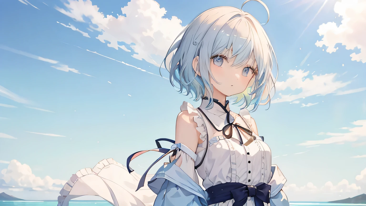 From afar、Slim and long, 1 girl、Very delicate and beautiful girl, Young girl, pastel colored short hair, Ahoge、ribbon、Gradient Hair、inner hair color, Beautiful details, Medium Chest, Pastel colored clothes,Beautiful Salar de Uyuni、whole body、