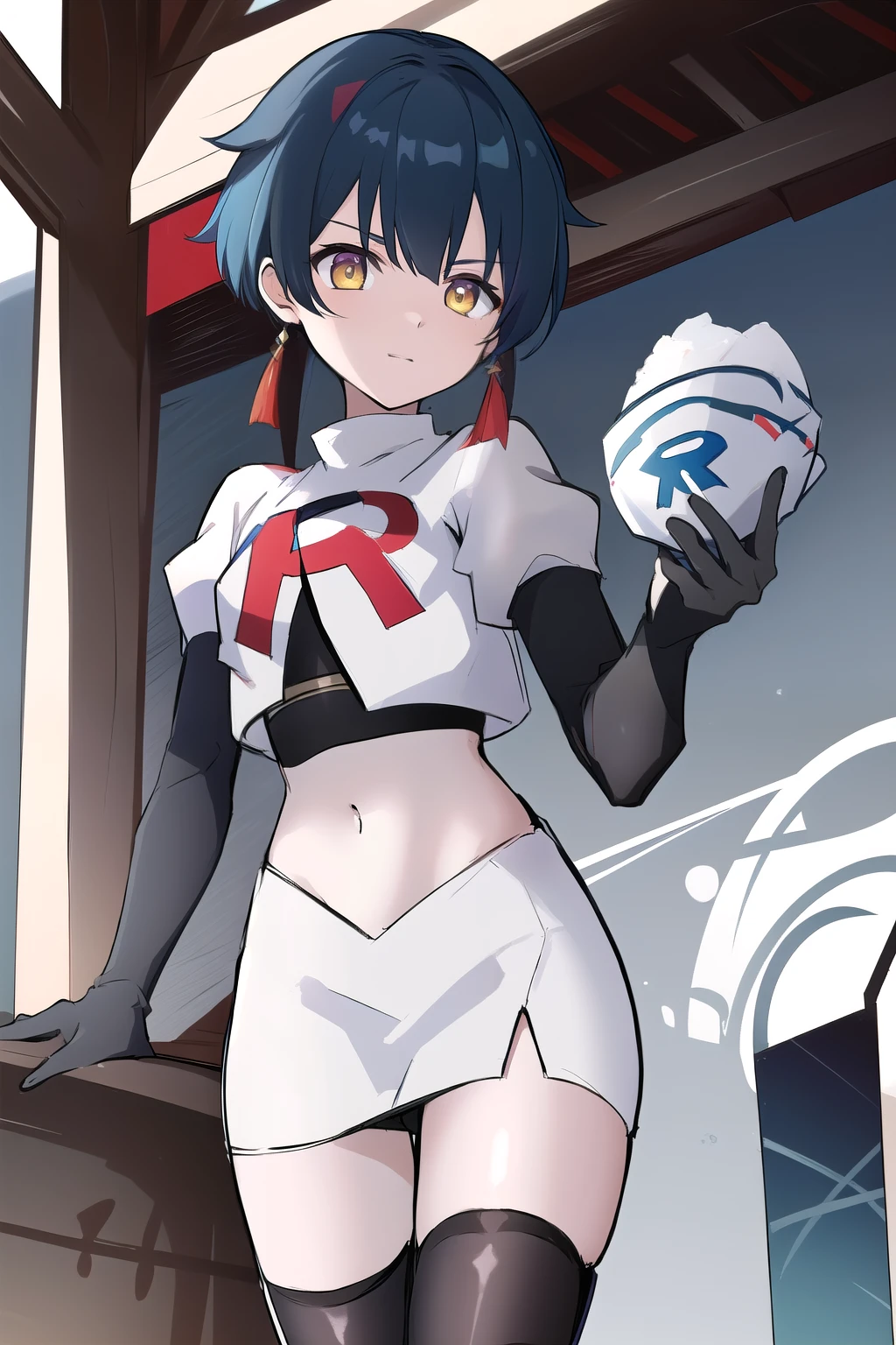 masterpiece, absurdres,genshin impact, Genshin Impact, game character, video game, (xingqiu),yellow eyes, short blue hair,male focus, trap, crossdressing,1boy,team rocket,team rocket uniform,white skirt,red letter R,crop top,black thigh-highs,black elbow gloves