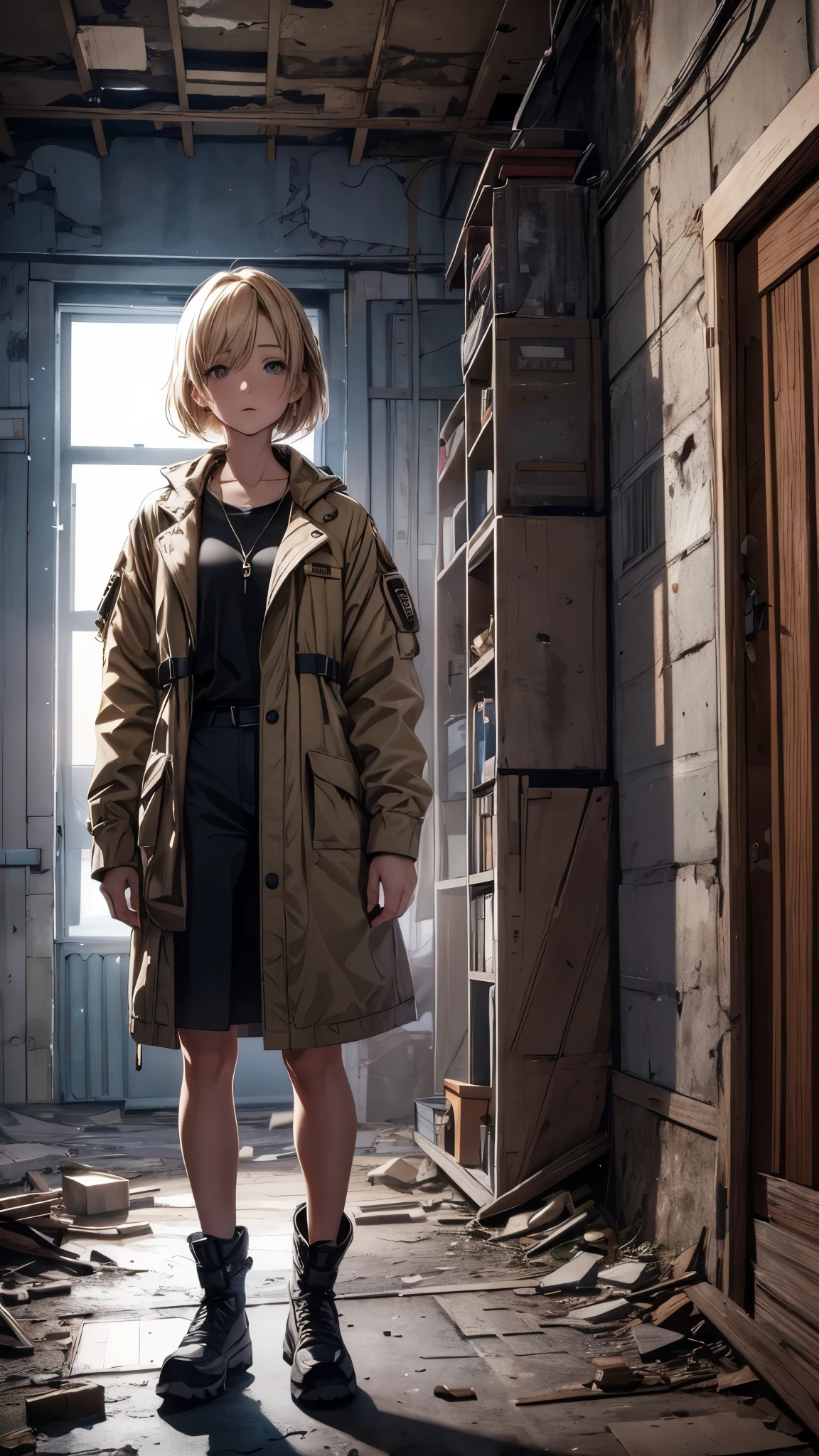 (best quality,4k,highres,ultra-detailed,realistic:1.2) Cloudy sky,Inside the abandoned house,Inside the dark huge room,one woman 20years old,short blonde hair,she’s wearing army’s style,the woman is standing on the dark room,(woman close up)