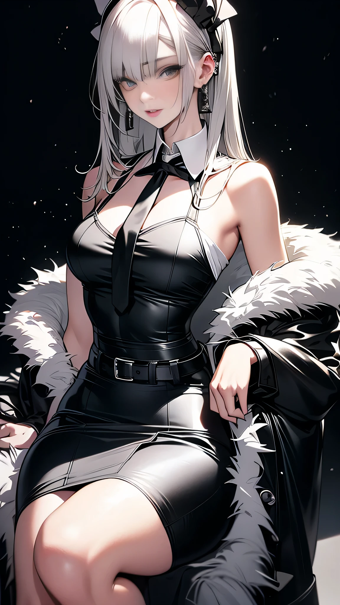 Photorealistic, high resolution, 1 Women, Solo, Hips up,Lolita costume， Beautiful eyes, White hair, ringed eyes, Collared shirt,black necktie,Black skirt, pencil skirts, Fur coat