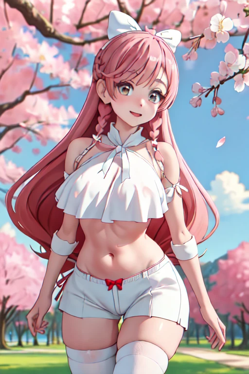 masterpiece, best quality, highres, hairband, long hair, 1girl, solo, white thighhighs,red ribbon, neck ribbon, White Bikini,hot pants, big breasts, standing, cowboy shot, leaning forward, outdoors, cherry blossoms,Belly button