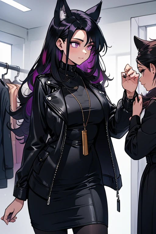 A black haired woman with purple eyes and an hourglass figure with black fox ears and a black fox tail in a cool leather jacket and jean outfit is picking out a dress at a clothing store