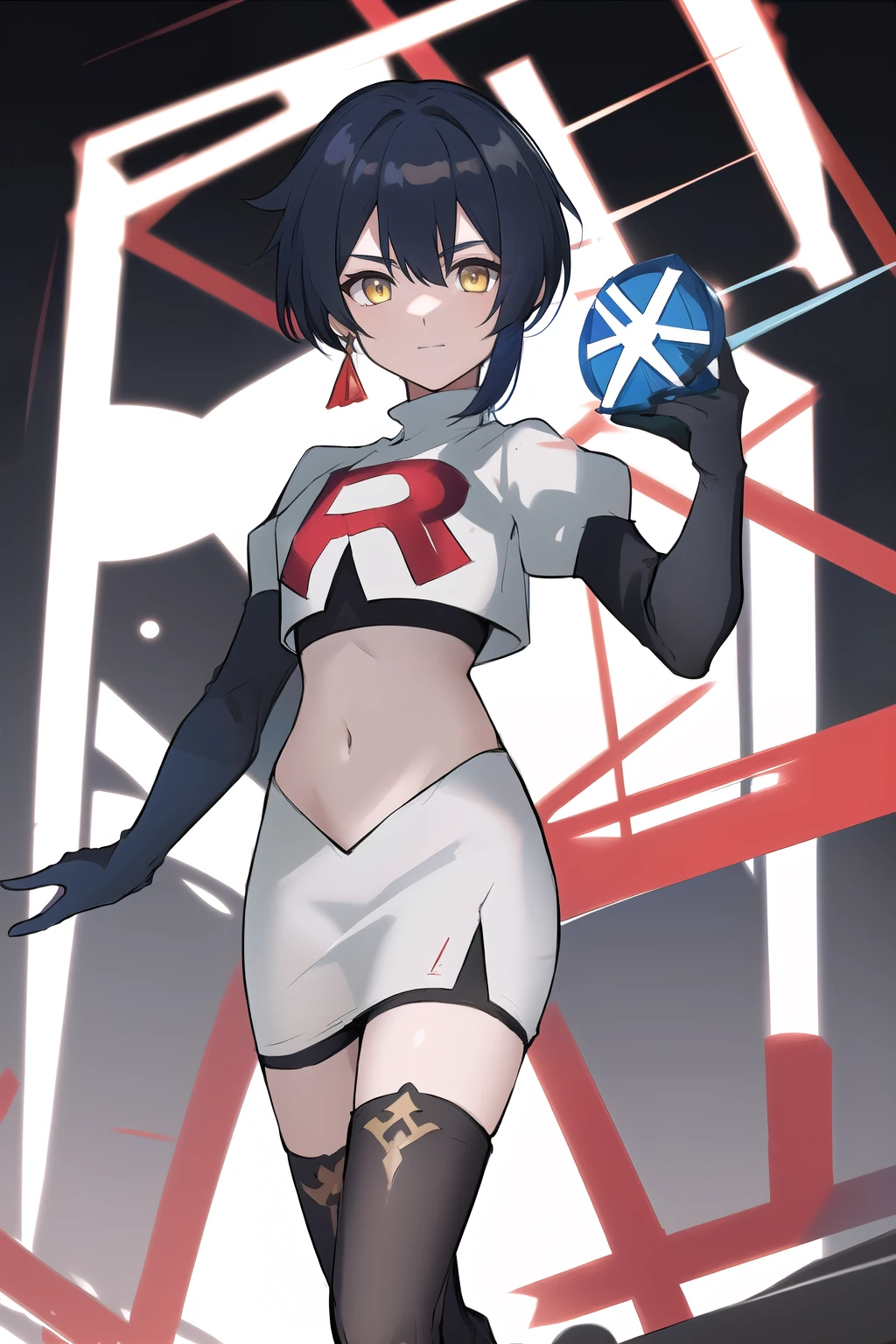 masterpiece, absurdres,genshin impact, Genshin Impact, game character, video game, (xingqiu),yellow eyes, short blue hair,male focus, trap, crossdressing,1boy,team rocket,team rocket uniform,white skirt,red letter R,crop top,black thigh-highs,black elbow gloves