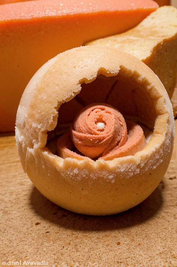 Una galleta dentro de una bola de helado de vainilla adornada con un coral de caramelo