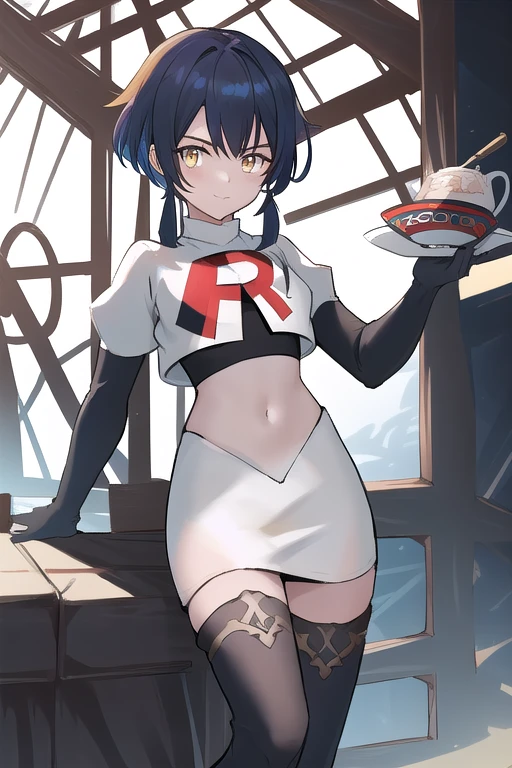 masterpiece, absurdres,genshin impact, Genshin Impact, game character, video game, (xingqiu),yellow eyes, short blue hair,male focus, trap, crossdressing,1boy,team rocket,team rocket uniform,white skirt,red letter R,crop top,black thigh-highs,black elbow gloves