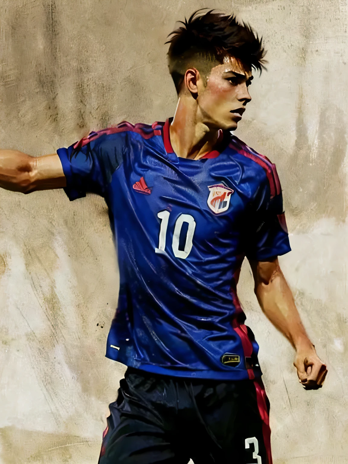 Homem Soccer Player face, style greg rutkowski realist, style anime, pique, 17 anos