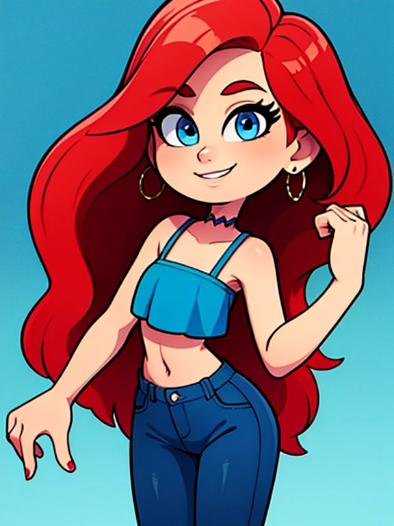 ruby 1 girl, solo, long hair, looking at viewer, smile, jewelry, very long hair, standing, red hair, earrings, shoes, pants, blue eyes, white-skinned female, light blue ruffle crop top, denim, blue nails, light blue jeans, hoop earrings, blue pants, ocean background, cowboy shot, best quality, 2D flat, Masterpiece, close up, 8K, HDR, portrait,