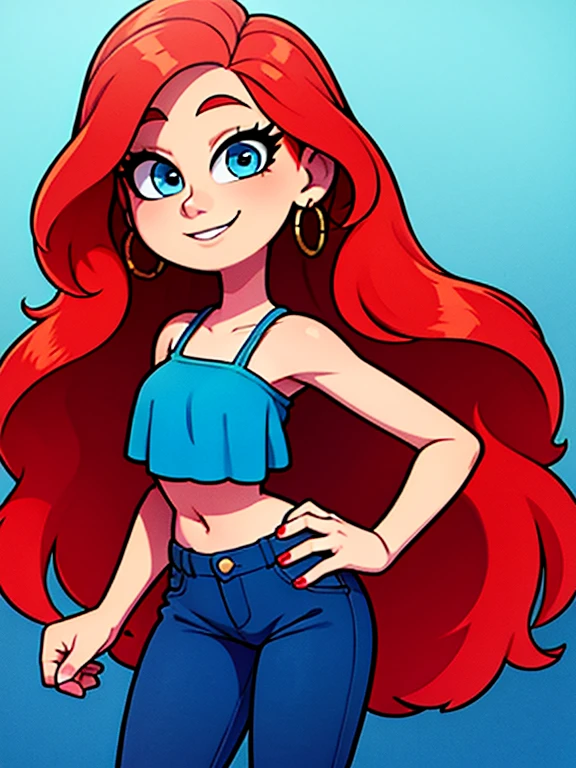 ruby 1 girl, solo, long hair, looking at viewer, smile, jewelry, very long hair, standing, red hair, earrings, shoes, pants, blue eyes, white-skinned female, light blue ruffle crop top, denim, blue nails, light blue jeans, hoop earrings, blue pants, ocean background, cowboy shot, best quality, 2D flat, Masterpiece, close up, 8K, HDR, portrait,