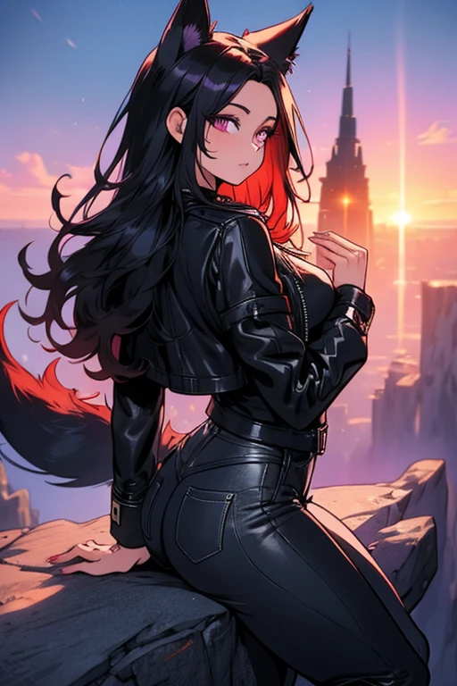 A black haired woman with purple eyes and an hourglass figure with black fox ears and a black fox tail in a cool leather jacket and jean outfit is watching the sunset on a cliff