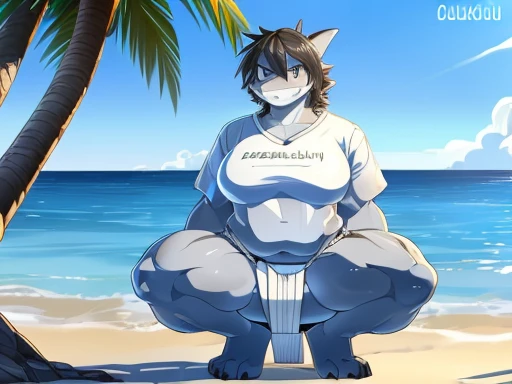 hi res,(((shark, finless shark))), (((not furry))), anthro, ((((((hair(head))))))), aqua blue eyes, ((((((( rokushaku fundoshi, ))))))), (((( female, anthro, female, slightly chubby)))), female, anthro, female, slim, Skinny, tail, adults, mature, (((SFW))), ((((((((solo)))))))), (((((((((((((female))))))))))))), ((((((crouching)))))), arms behind back, outside, plant, light blue body, sea, tree, (water), detailed background,by milkytiger1145,by takemoto arashi,by null-ghost, cold atmosphere, open smile, soft blue blush, single fin, ((((((((wearing white tshirts, clop tshirts)))))))), ((((((muscular thighs, thick thighs, thick calves, wide hips, wide pelvis, curvy figure, volu\ptu\ous figure, both feet are close together., \hourglass \figure,, female body)))))), Front view