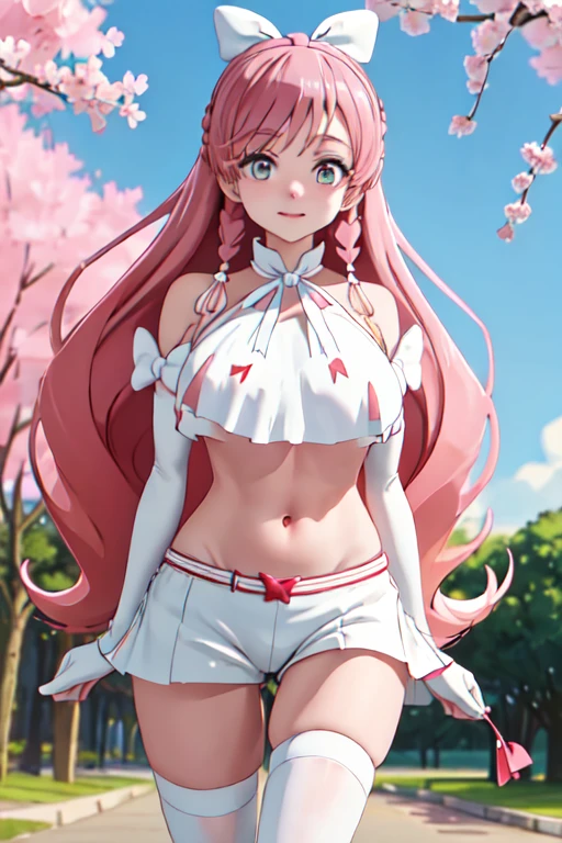 masterpiece, best quality, highres, hairband, long hair, 1girl, solo, white thighhighs,red ribbon, neck ribbon, White Bikini,hot pants, big breasts, standing, cowboy shot, leaning forward, outdoors, cherry blossoms,Belly button