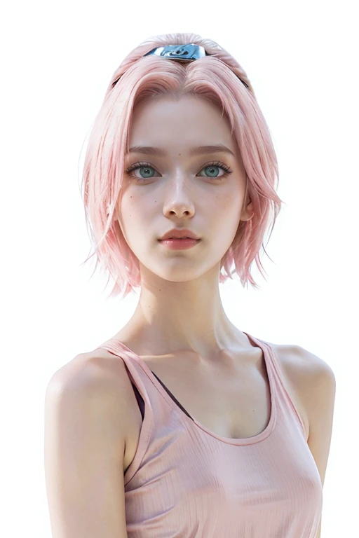 young woman, short shoulder-length pink hair, wide forehead, porcelain skin, pink eyebrows, big emerald green eyes, buttoned nose, full lips, heart-shaped face, slender body, small breasts, red tank top, Sakura Haruno , realistic, realism, details, 3d, well detailed
